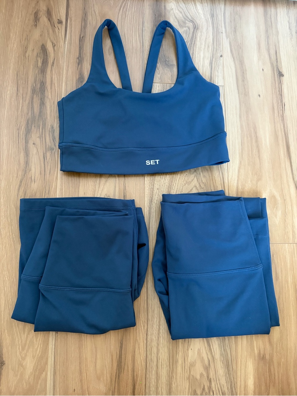 SET Active Blue Bra Shorts Leggings Set